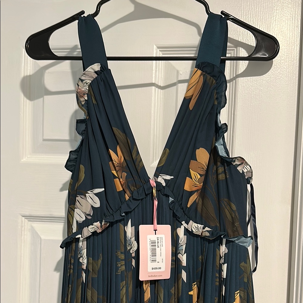 Floral Pleated Dress In Teal And Yellow
